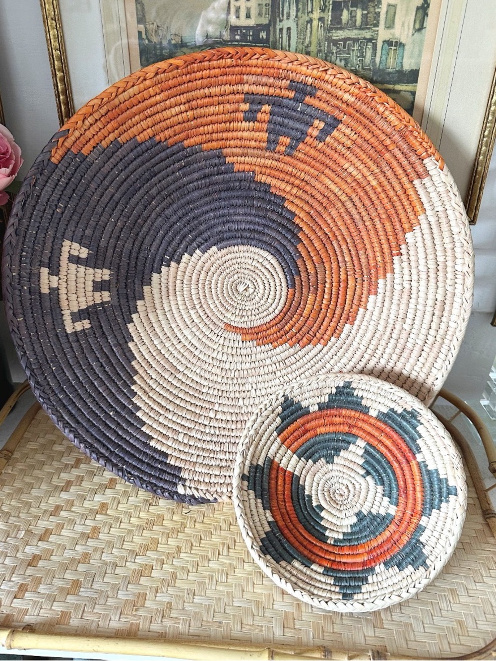 Southwestern-inspired handwoven seagrass and palm leaf wall basket set